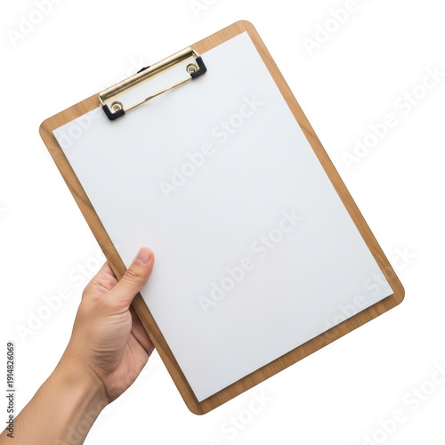A hand holding a clipboard with a blank sheet of paper attached, ready for notes. isolated on transparent background