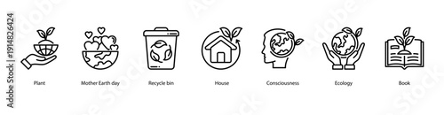 Sustainable Living web banner illustration featuring Plant, Mother Earth day, Recycle bin, House, Consciousness, Ecology, and Book.