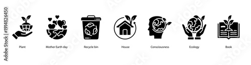 Sustainable Living web banner illustration featuring Plant, Mother Earth day, Recycle bin, House, Consciousness, Ecology, and Book.