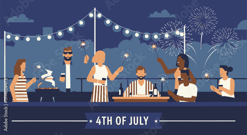 Vector illustration of people celebrating 4th of July with fireworks and string lights on a rooftop