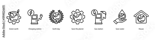 Earth Conservation web banner illustration featuring Green earth, Charging station, Earth day, Save the planet, Gas station, Save water, and House.