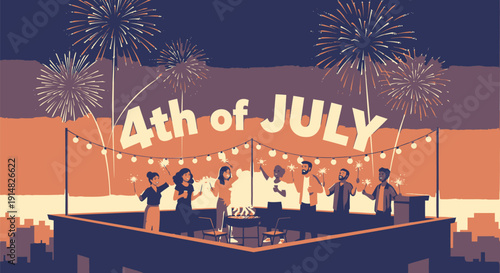 Vector illustration of people celebrating 4th of July with fireworks and string lights on a rooftop