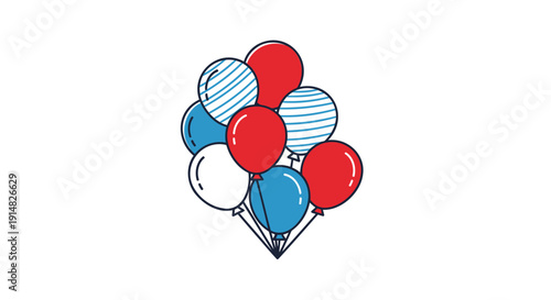 A bunch of red, white, and blue striped and solid colored balloons tied together isolated on transparent background