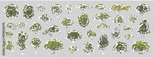 Large set of green textured tree silhouettes including oak maple and deciduous species isolated on a gray background vector.
