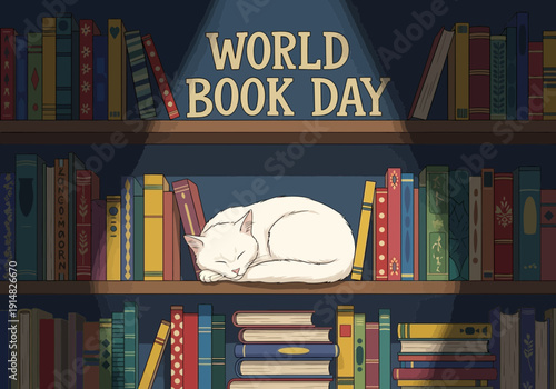 White cat sleeping on bookshelf for world book day celebration