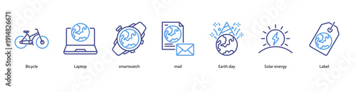 Eco Technology web banner illustration featuring Bicycle, Laptop, Smartwatch, Mail, Earth day, Solar energy, and Label.