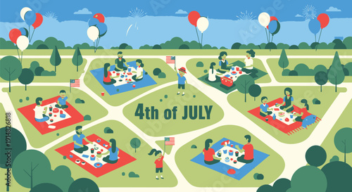 Illustration of a suburban neighborhood celebrating 4th of July with people picnicking on lawns, balloons and red, white and blue decorations