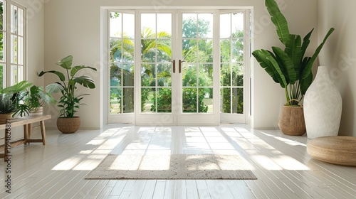 Sunny modern room with tall plants, light wood floors, and French doors to a lush garden