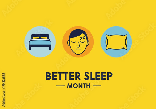 Better sleep month icons bed, sleeping face, and pillow