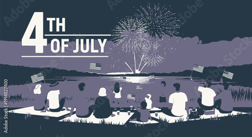 Vector illustration of people watching fireworks on 4th of July celebration isolated on dark background