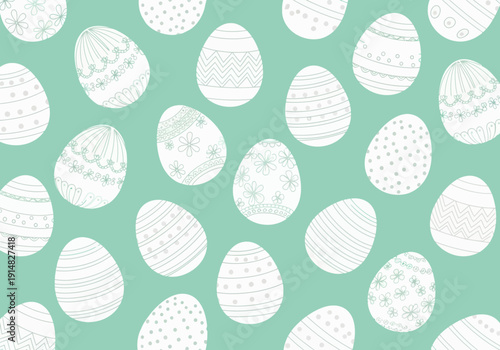 Pattern of white easter eggs with intricate designs on mint background