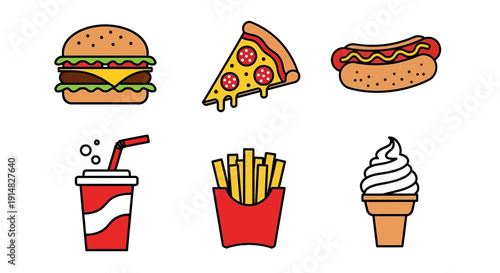 Delicious Fast Food Icons: Burger, Pizza, Hot Dog, Fries, Drink, Ice Cream