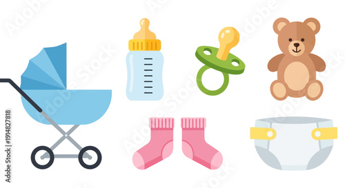 Cute Baby Items Flat Vector Icons in Pastel Colors