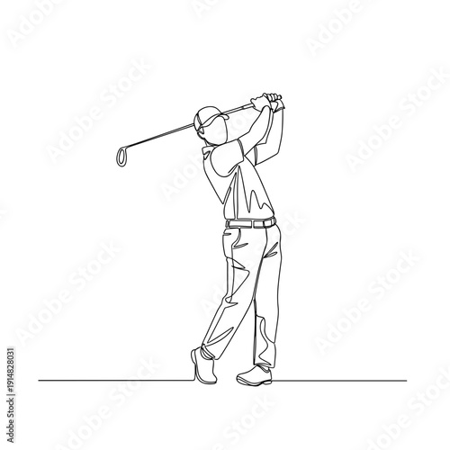 continuous line drawing of golfer hitting a golf ball minimalistic sports illustration on transparent background