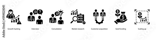 Growth and Market Research web banner featuring Growth Hacking, Interview, Consultation, Market Research, Customer Acquisition, Seed Funding, and Scaling Up.