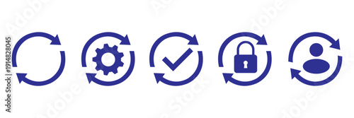 Sync process and workflow icon set. Productivity, setting, synchronization, gear wheel with arrow symbol on white background - stock vector.