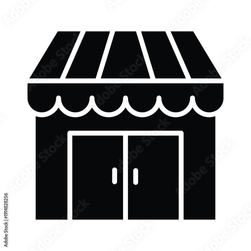 Simple Store Shop Icon Black Silhouette with Awning and Glass Door
