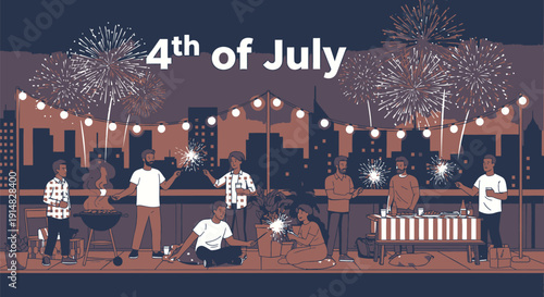 Vector illustration of people celebrating 4th of July on rooftop with city skyline and fireworks