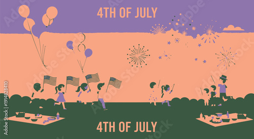 Vector illustration of people celebrating 4th of July with balloons and fireworks at outdoor picnic