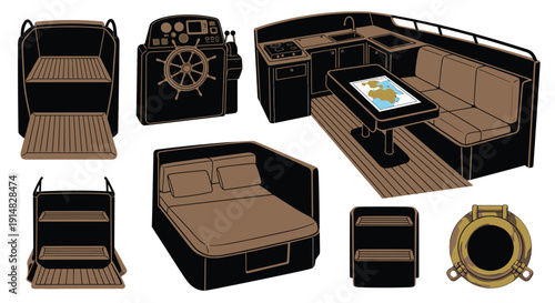 Boat Cabin Interior and Marine Equipment Icons