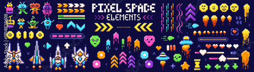 Color images of pixel art UFO, raiders, spaceships, and other game elements on dark blue background.