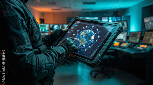 Person in dark tactical clothing holding tablet with global satellite map in command center