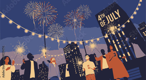 Vector illustration of people celebrating 4th of July with fireworks and string lights in a cityscape at night