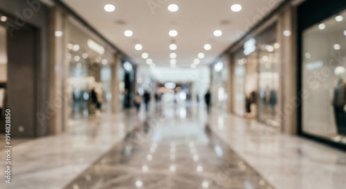 Blurred luxury shopping mall interior corridor with polished floor