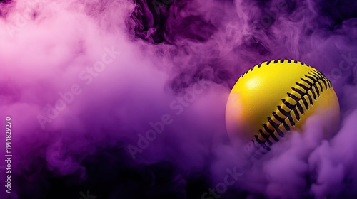 Neon Yellow Baseball Surrounded by Vibrant Purple Smoke Creating Dramatic Contrast