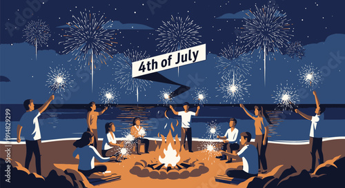 Vector illustration of people celebrating 4th of July with fireworks at beach bonfire