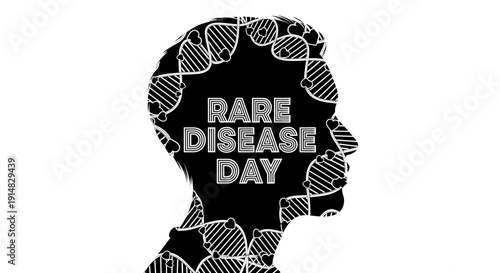 Black silhouette of a human head with DNA double helix patterns and 'RARE DISEASE DAY' text on a white background, symbolizing genetic disorders and support systems.