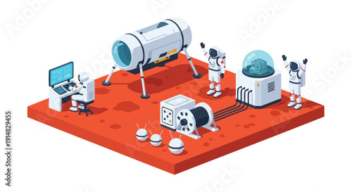 Isometric illustration of a mars base with astronauts and robotic equipment