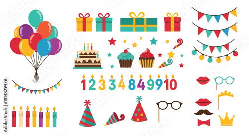 Colorful birthday decorations including balloons presents cake and party accessories