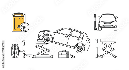 Automotive repair shop tools and vehicle outline illustration