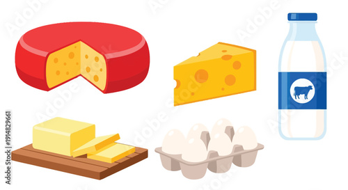 Assorted dairy products and eggs presented in a colorful illustration
