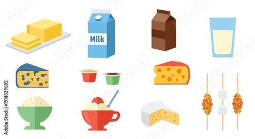 Assorted dairy products desserts and breakfast food items displayed