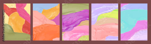 Abstract colorful watercolor backgrounds, executed in vibrant colors. Five modern artistic compositions with smooth textures and bold color combinations.