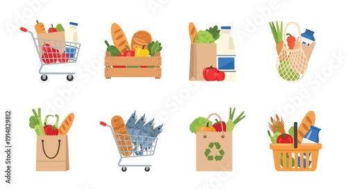 Colorful assortment of grocery items including produce bread and dairy