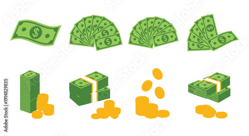 Stacks and piles of united states dollar bills and gold coins