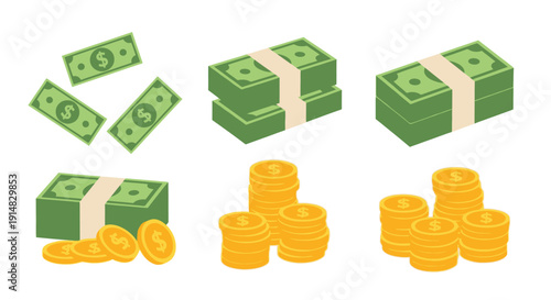 Isometric illustration depicting stacks of cash coins and floating money