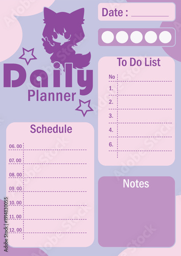 Cute Purple Chibi Cat Girl Daily Planner Schedule Template