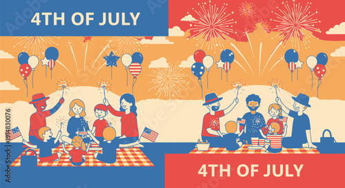 Vector illustration of people celebrating 4th of July with fireworks and picnic on a sunny day
