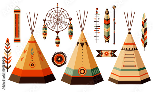 American Indian tribal native vector. Set of element in boho style. Traditional cultural feather, teepee, wigwam, dream catcher, ornaments. Can be used for t-shirt print, sticker, badge, greeting card