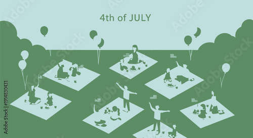 Vector illustration of people having picnic on green squares in park on 4th of July