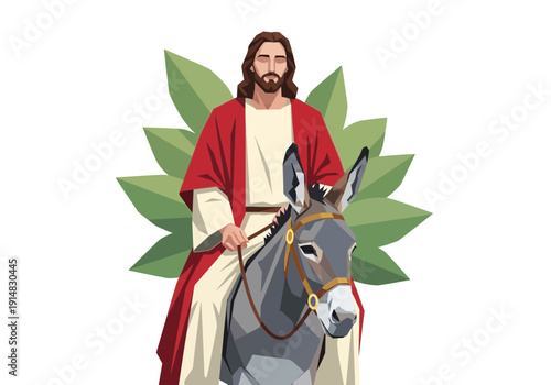 Jesus christ riding a donkey with green leaves background
