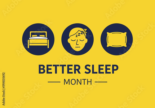 Better sleep month graphic with bed, sleeping face, and pillow icons