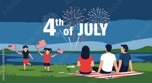 Family celebrating 4th of July with fireworks by the lake on a summer evening