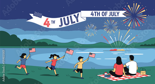 Vector illustration of children and adults celebrating 4th of July with fireworks and American flags by a lake