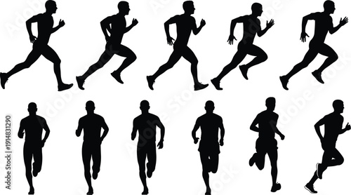 Running man silhouette set, male jogger sprinting athlete poses front and side view black vector isolated illustration