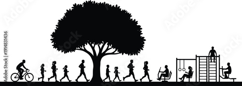 Family outdoor activity silhouettes, people running cycling exercising in park with tree playground gym equipment black vector illustration